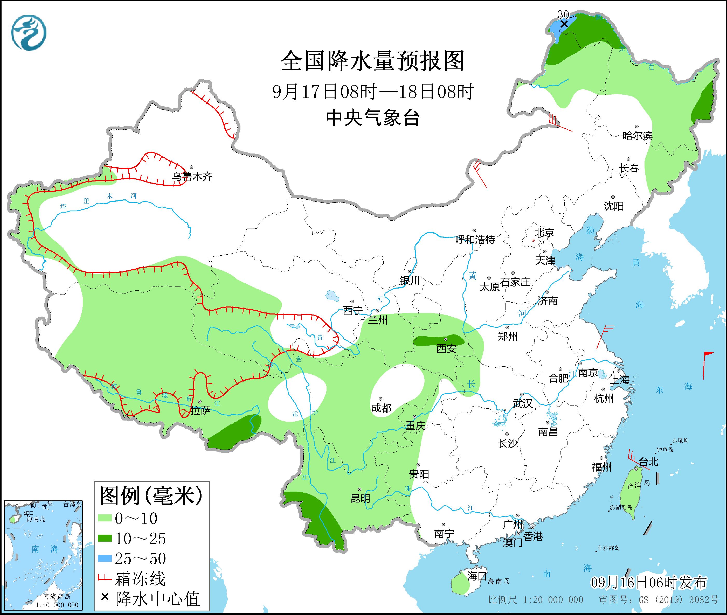 全國降水量預(yù)報圖(9月17日08時-18日08時)