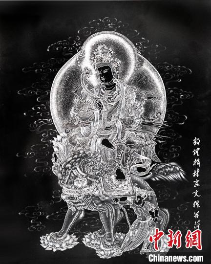 圖為朱增平創(chuàng)作的鍥金畫《敦煌榆林窟文殊菩薩》。(資料圖) 受訪者供圖