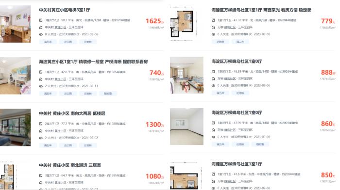 北京市海淀區(qū)部分高單價(jià)二手房源截圖。
