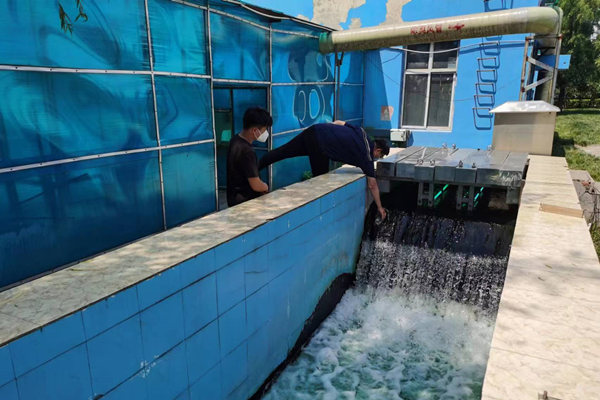 邯鄲市雞澤縣藍(lán)天污水處理廠員工正在出水口進(jìn)行水質(zhì)檢測。鄭佳欣攝