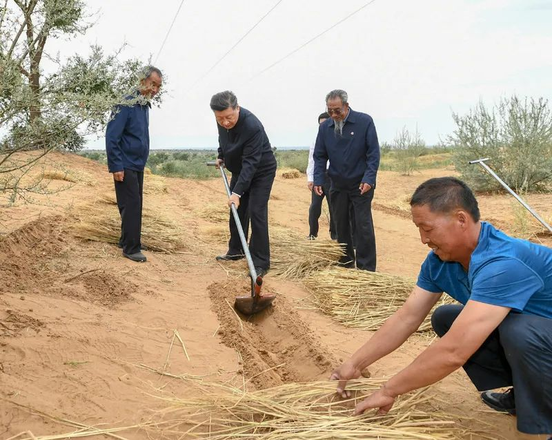 2019年8月21日，習(xí)近平來(lái)到甘肅省武威市古浪縣八步沙林場(chǎng)，實(shí)地察看當(dāng)?shù)刂紊吃炝?、生態(tài)保護(hù)等情況。新華社記者 謝環(huán)馳 攝