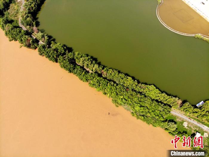 圖為2020年9月3日航拍黃河蘭州段濕地公園現(xiàn)黃河“鴛鴦鍋”。(資料圖) 高瑩 攝