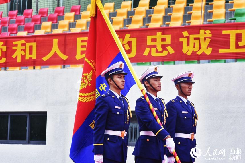 迎國家綜合性消防救援隊伍隊旗。人民網(wǎng) 李海霞 攝